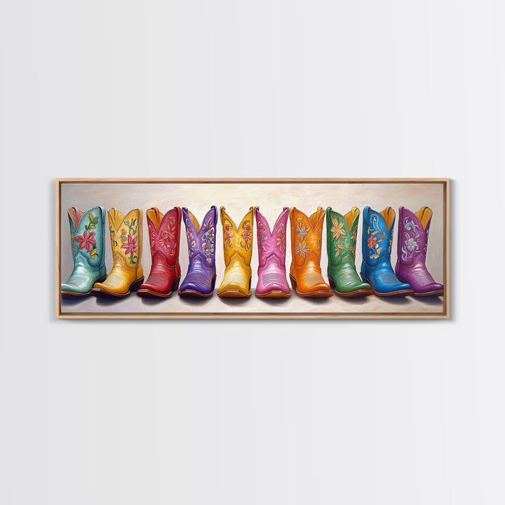 Pastel Embroidered Cowboy Boots Wall Art, Western Framed Canvas Print For Cowgirl Nursery Decor And Rustic Home Wall Decor