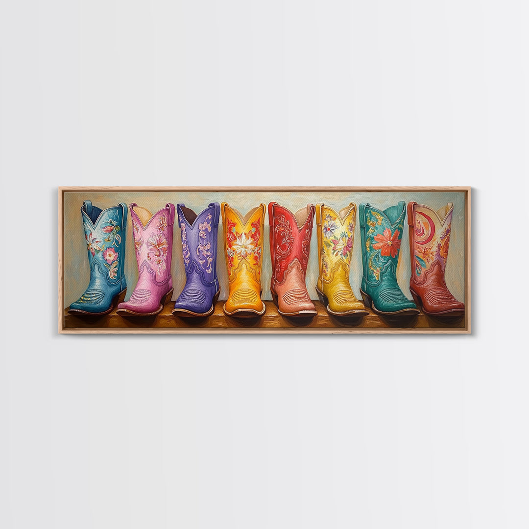 Pastel Embroidered Cowboy Boots Framed Canvas Print, Western Cowgirl Wall Decor, Floral Ranch Art, Boho Housewarming Gift