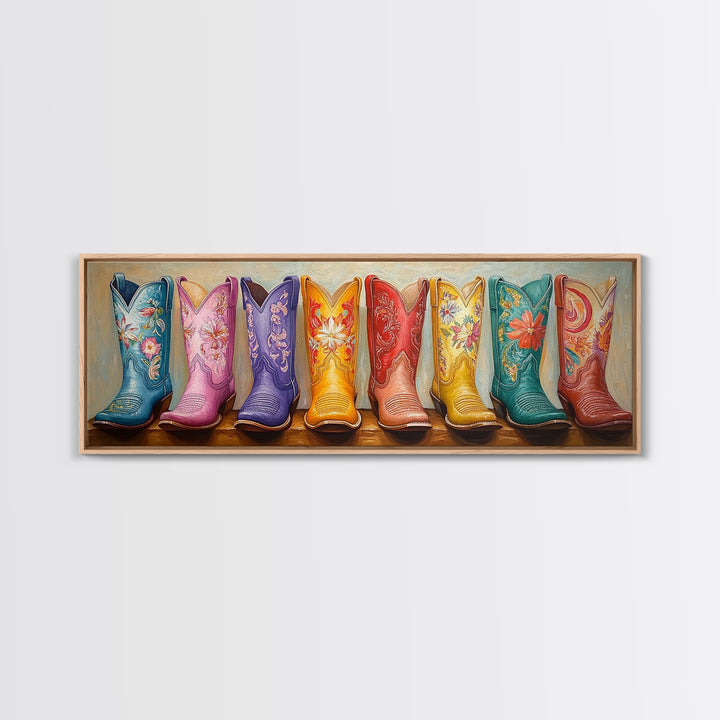 Pastel Embroidered Cowboy Boots Framed Canvas Print, Western Cowgirl Wall Decor, Floral Ranch Art, Boho Housewarming Gift