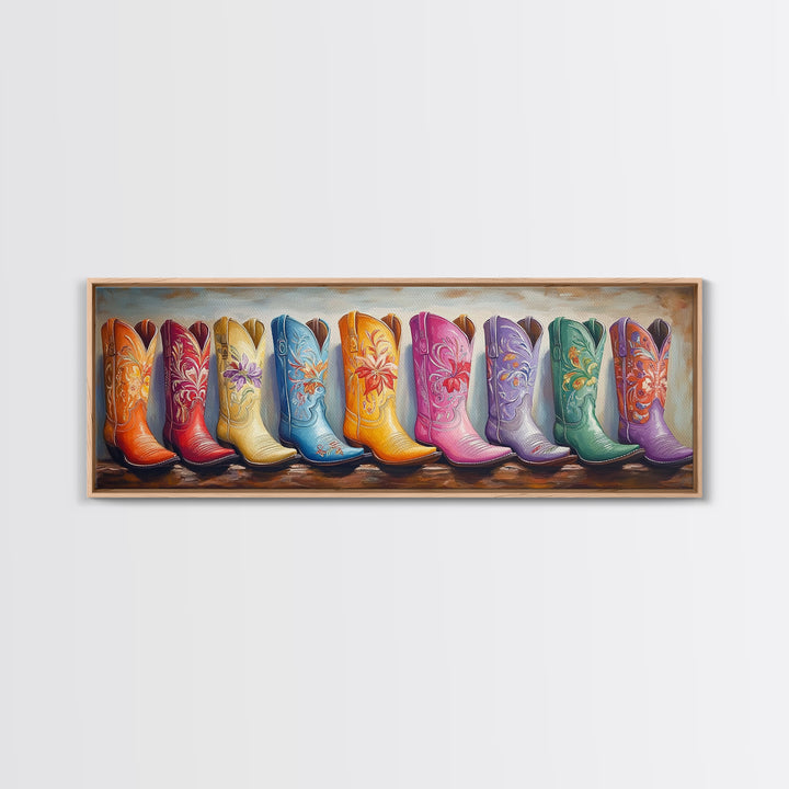 Pastel Floral Cowgirl Boots Framed Canvas Print, Western Wall Art, Boho Farmhouse Decor, Country Bedroom Wall Decor Gift
