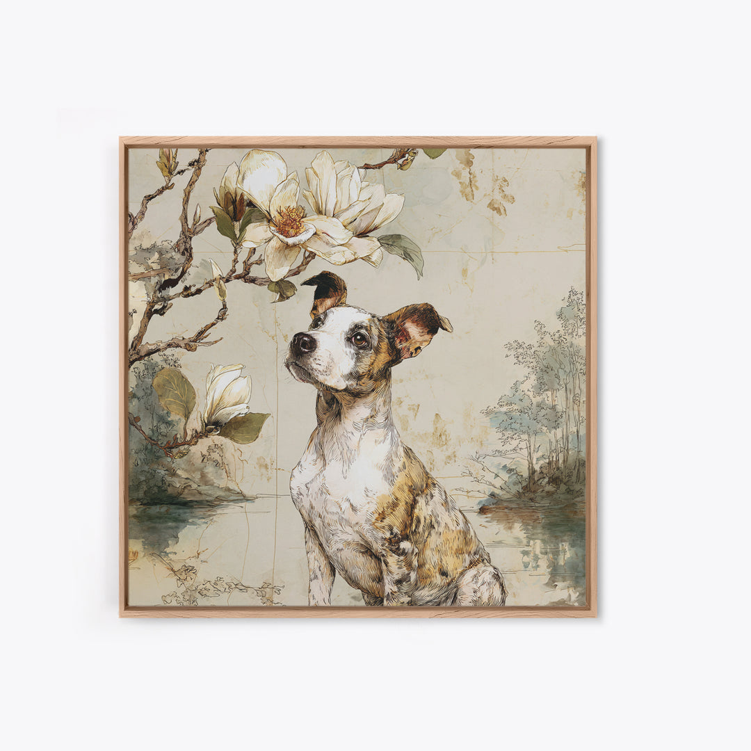 Delicate Magnolia Branch on Cream Background Framed Canvas Print, Above Bed Art, Living Room Decor, Bedroom Decor, Serenity, ABA-1x1-16