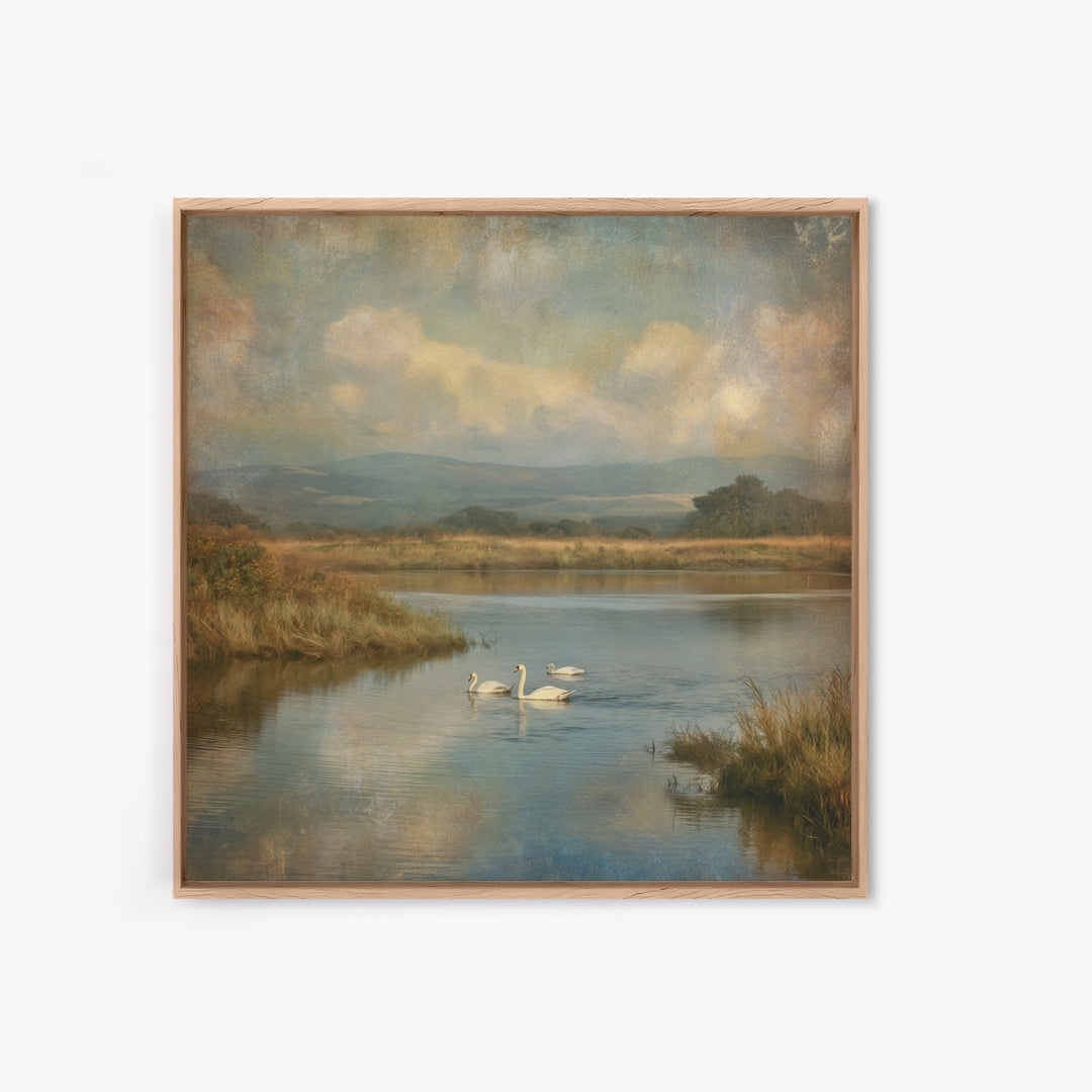 Paired Swans in a Dreamy Painterly Lake Canvas Print, Above Bed Art, Boho Wall Art, Bedroom Decor, Fine Art, Serenity, ABA-1x1-22