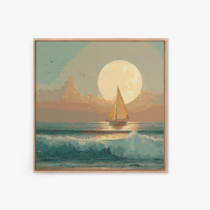 Quiet Moon over a Calm Ocean Horizon Framed Canvas Print, Above Bed Art, Living Room Decor, Bedroom Decor, Oil Painting, ABA-1x1-27