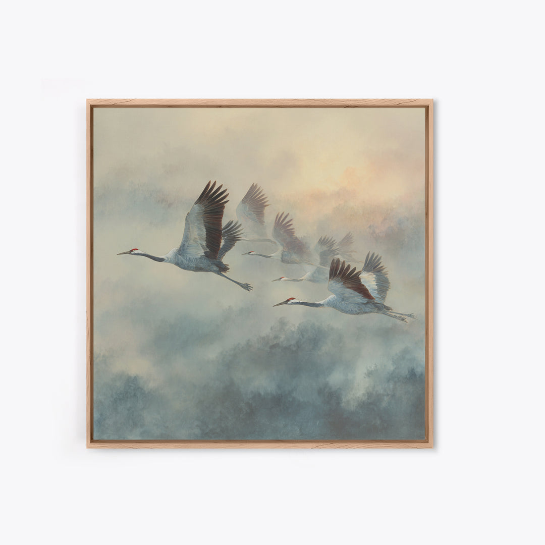 Ethereal Cranes Flying Through Pale Morning Mist Canvas Print, Above Bed Art, Fine Art Print, Bedroom Decor, Serenity, ABA-1x1-33