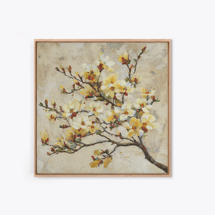 Delicate Magnolia Branch on Cream Background Framed Canvas Print, Above Bed Art, Bedroom Decor, Watercolor Art, Serenity, ABA-1x1-40