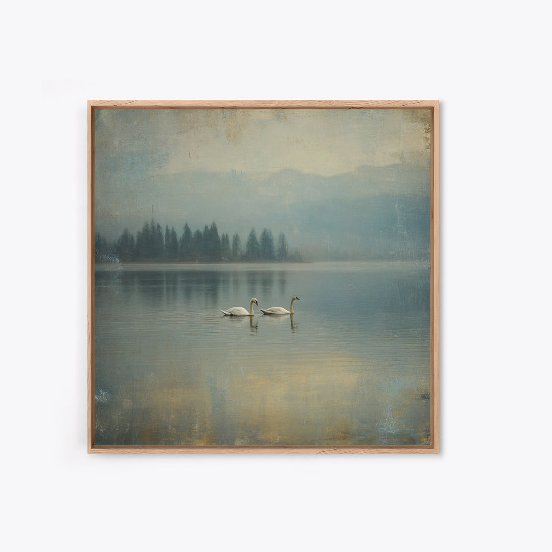 Paired Swans in a Dreamy Painterly Lake Framed Canvas Print, Above Bed Art, Boho Decor, Bedroom Decor, Oil Painting, Serenity, ABA-1x1-46