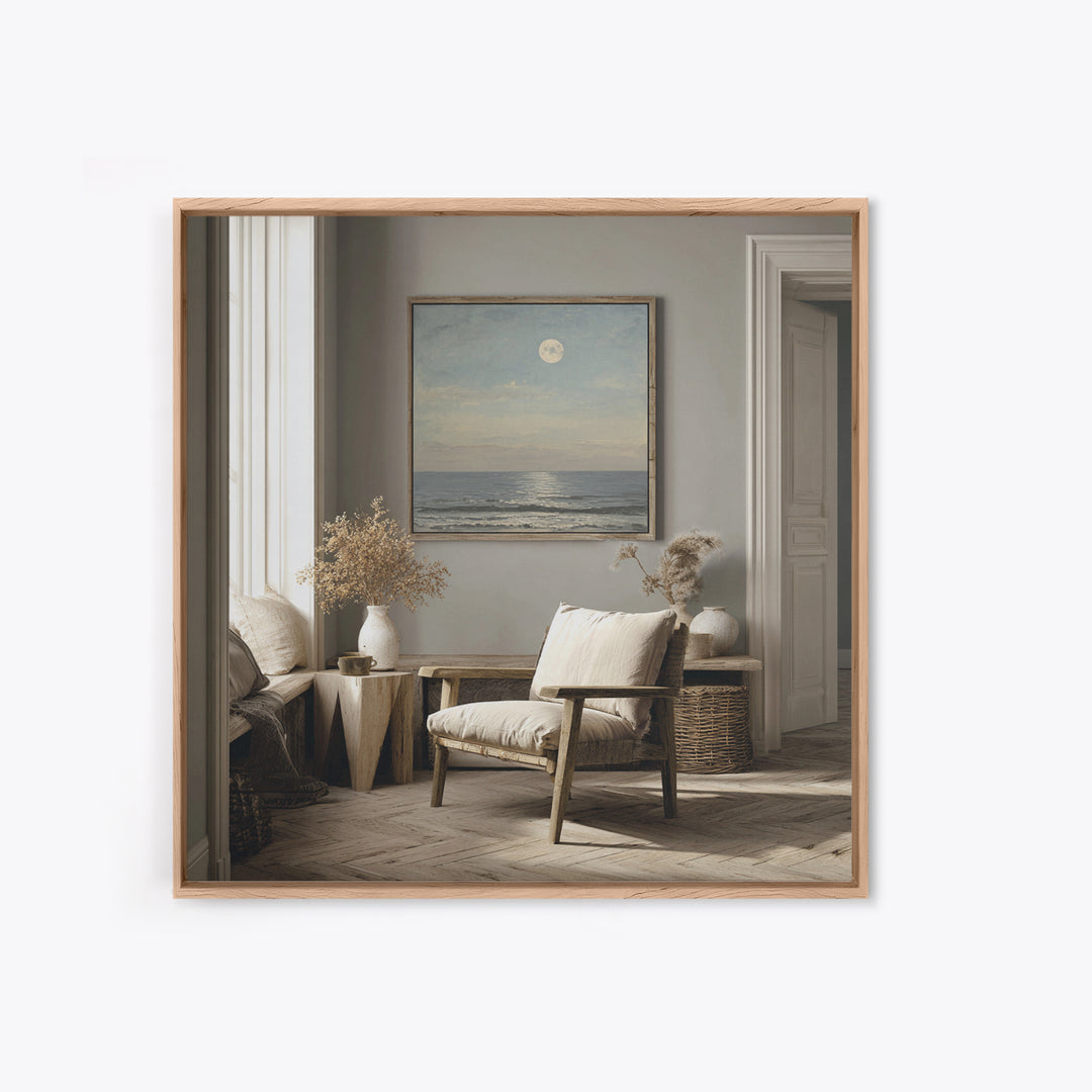 Quiet Moon over a Calm Ocean Horizon Framed Canvas Print, Above Bed Art, Bedroom Wall Art, Bedroom Decor, Fine Art, Serenity, ABA-1x1-51