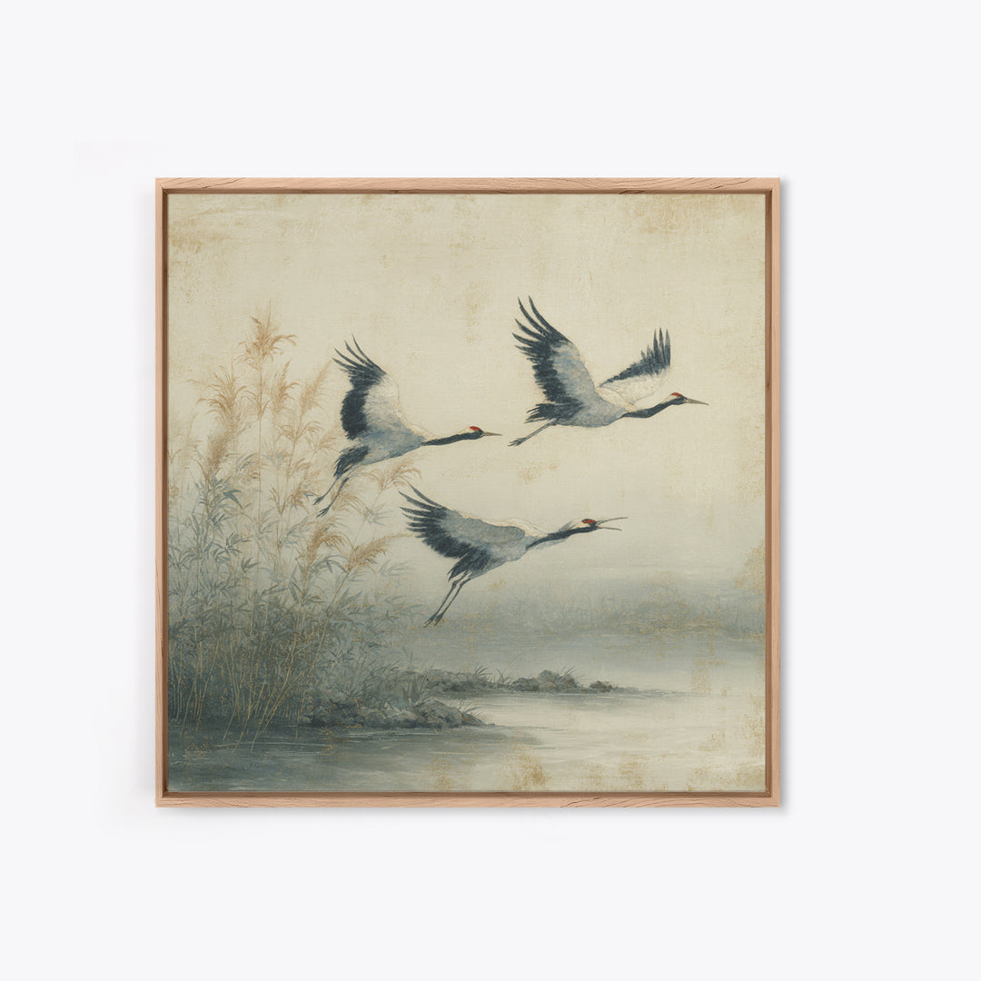 Ethereal Cranes Flying Through Pale Morning Mist Canvas Print, Above Bed Art, Fine Art Print, Bedroom Decor, Serenity, ABA-1x1-57