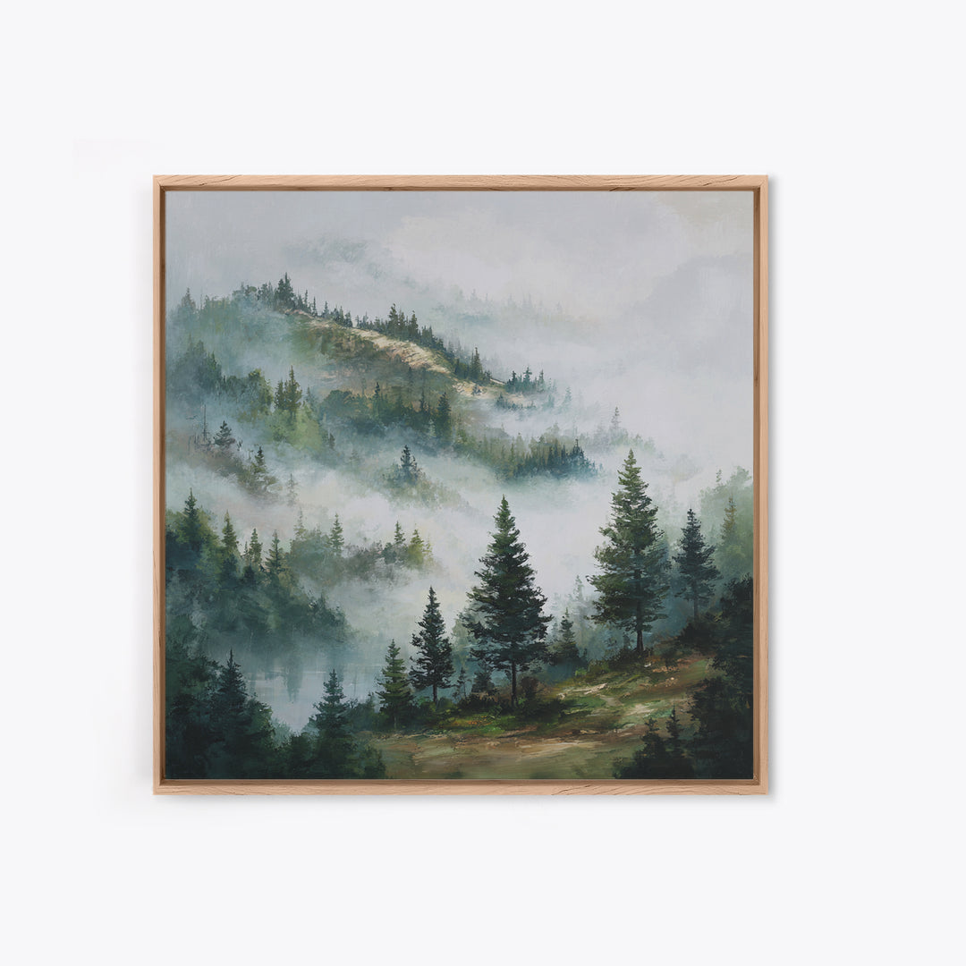 Quiet Forest Ridge Softened by Fog Framed Canvas Print, Above Bed Art, Bedroom Wall Art, Bedroom Decor, Fine Art, Serenity, ABA-1x1-62