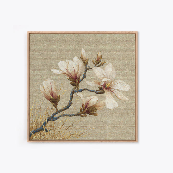 Delicate Magnolia Branch on Cream Background Framed Canvas Print, Above Bed Art, Boho Wall Art, Bedroom Decor, Watercolor Art, ABA-1x1-64