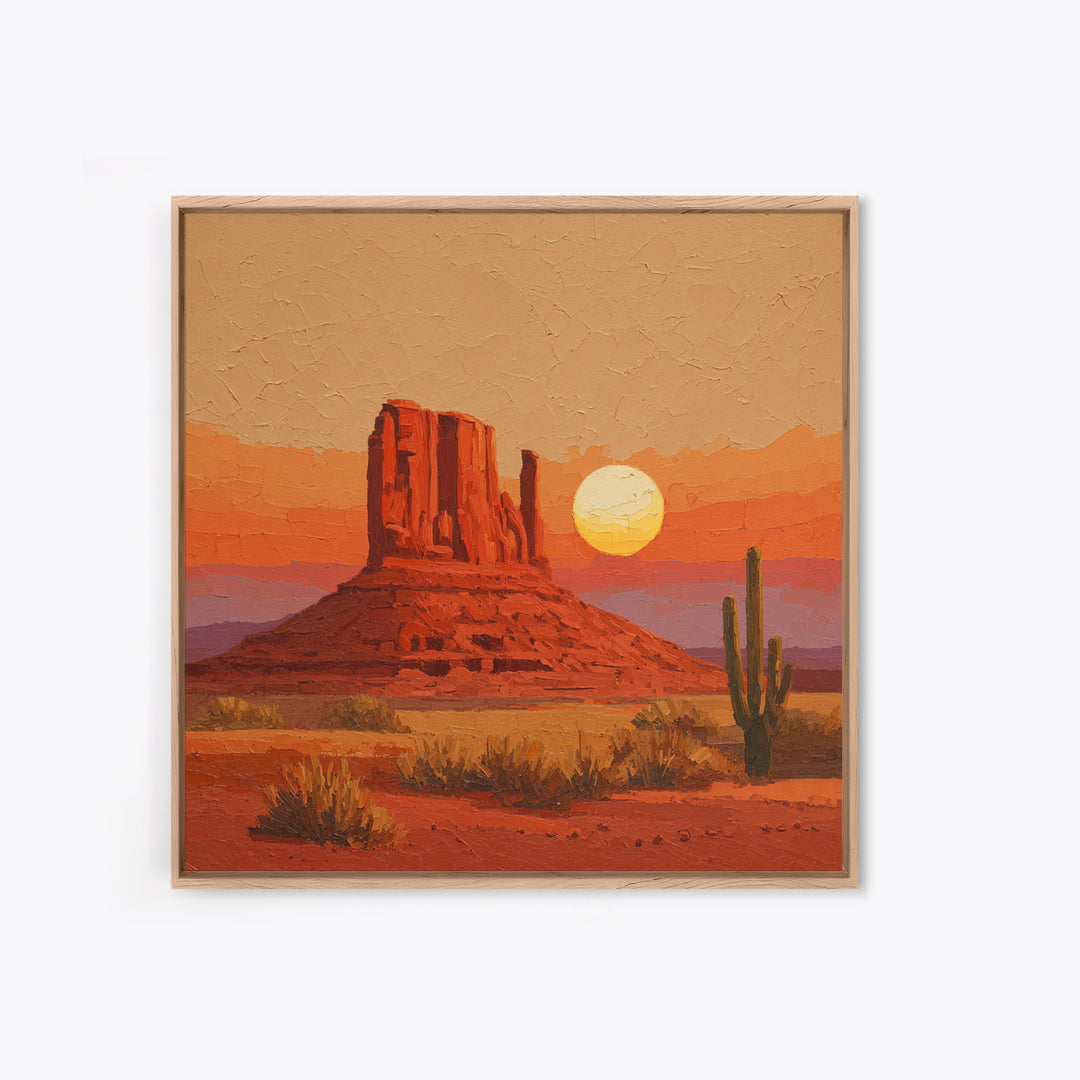 Dreamy Desert Sunset Framed Canvas Print, Above Bed Art, Bedroom Decor, Oil Painting, Serenity, Boho Decor, Western Decor, ABA-1x1-7