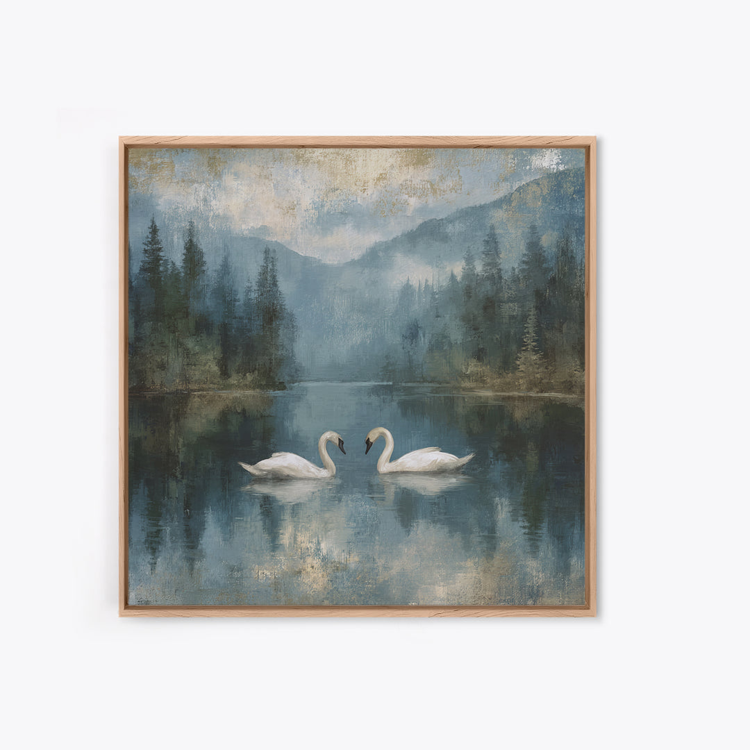 Paired Swans in a Dreamy Painterly Lake Framed Canvas Print, Above Bed Art, Boho Decor, Bedroom Decor, Oil Painting, Serenity, ABA-1x1-70