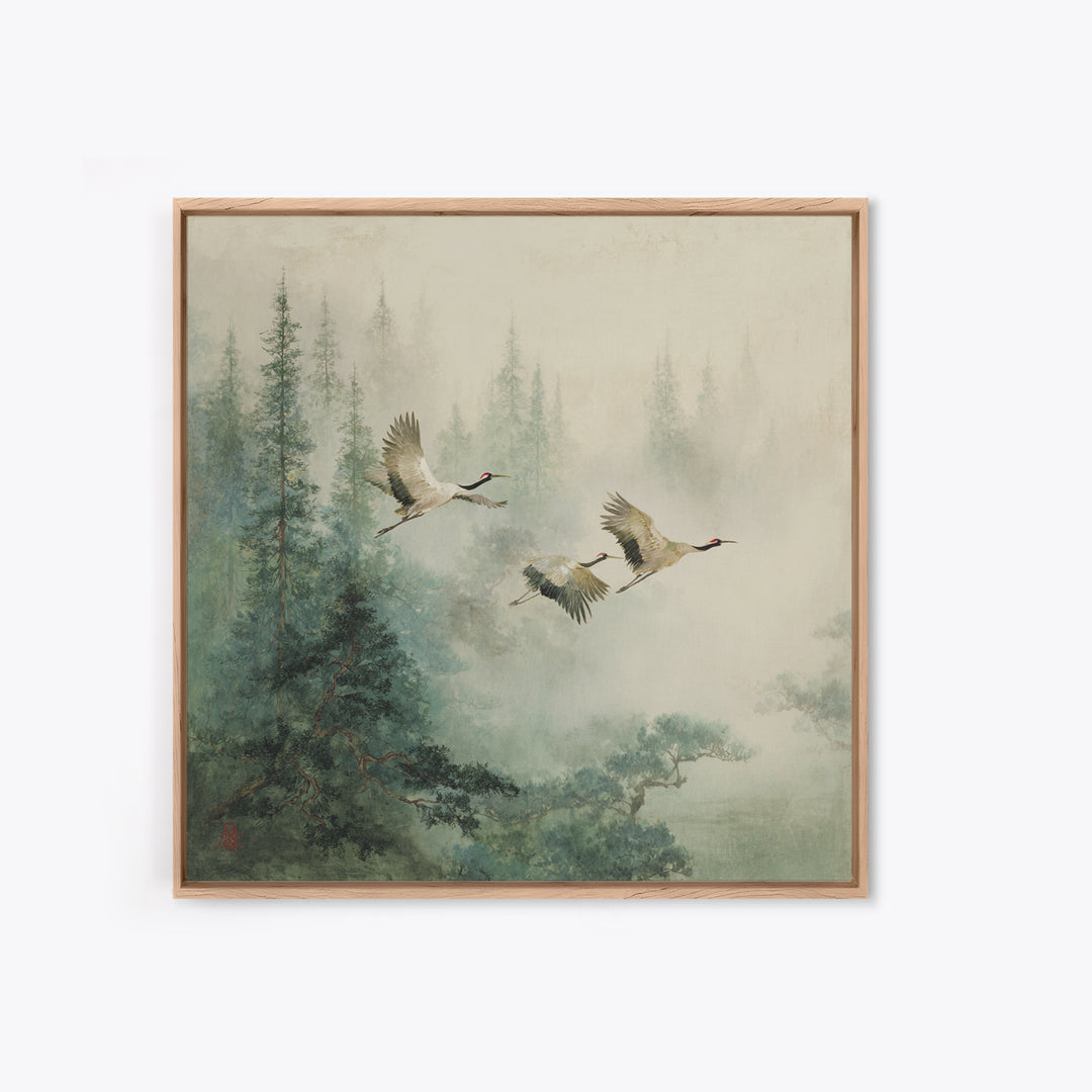 Ethereal Cranes Flying Through Pale Morning Mist Canvas Print, Above Bed Art, Textured Painting, Bedroom Decor, Serenity, ABA-1x1-81