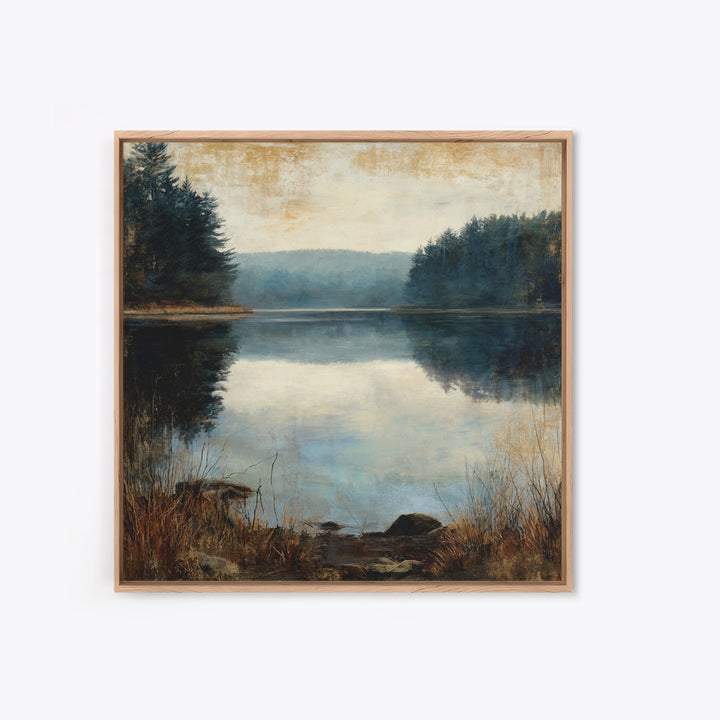 Calming Lake Reflection Framed Canvas Print, Above Bed Art, Fine Art Print, Bedroom Decor, Oil Painting, Serenity, Digital Art, ABA-1x1-83