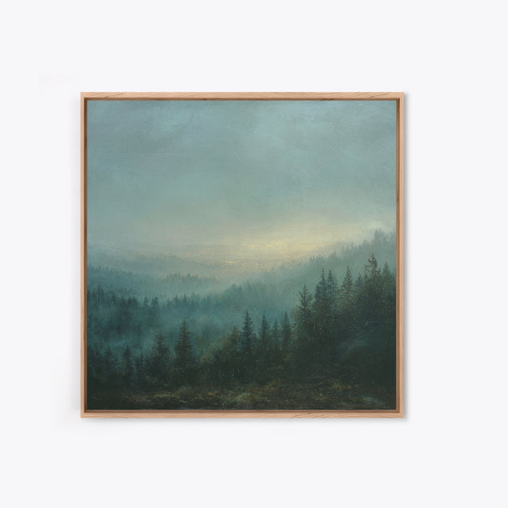 Quiet Forest Ridge Softened by Fog Canvas Print, Above Bed Art, Neutral Decor, Bedroom Decor, Oil Painting, Serenity, ABA-1x1-86