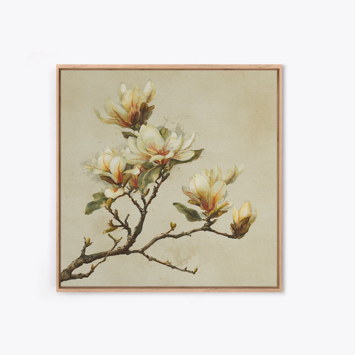 Delicate Magnolia Branch on Cream Background Canvas Print, Above Bed Art, Textured Painting, Bedroom Decor, Serenity, ABA-1x1-88
