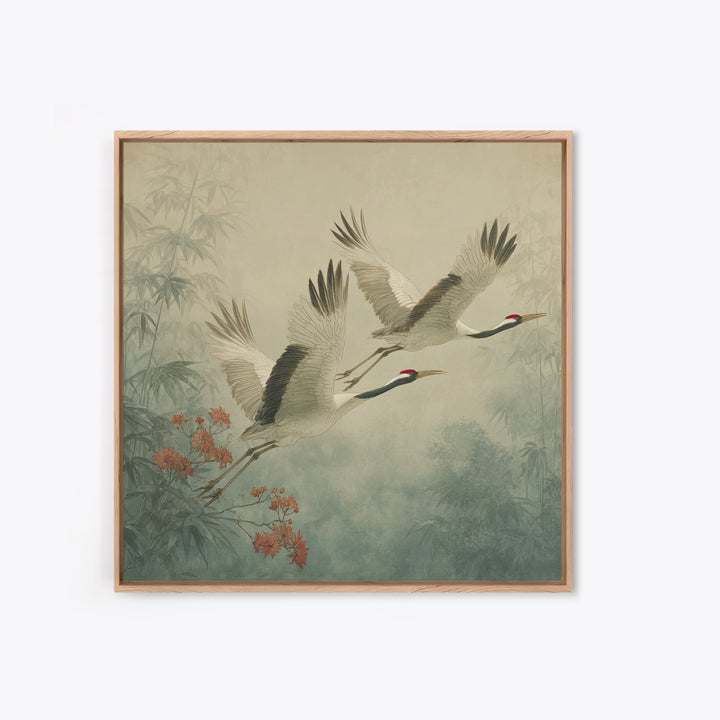Ethereal Cranes Flying Through Pale Morning Mist Canvas Print, Above Bed Art, Bedroom Wall Decor, Bedroom Decor, Serenity, ABA-1x1-9