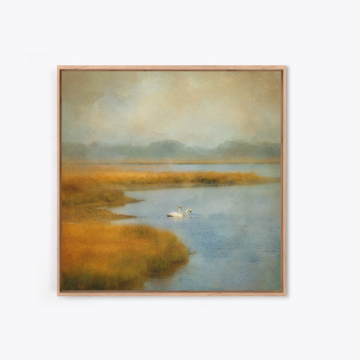 Paired Swans in a Dreamy Painterly Lake Canvas Print, Above Bed Art, Bedroom Wall Decor, Bedroom Decor, Fine Art, Serenity, ABA-1x1-94
