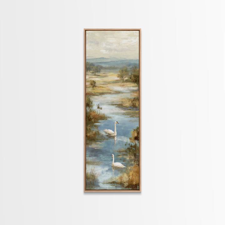 Paired Swans in a Dreamy Painterly Lake Canvas Print, Above Bed Art, Dopamine Decor, Bedroom Decor, Fine Art, Serenity, ABA-1x3-10