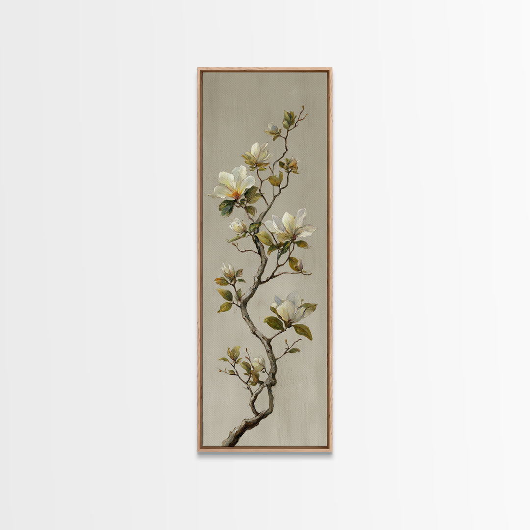 Delicate Magnolia Branch on Cream Background Canvas Print, Above Bed Art, Horizontal Wall Art, Bedroom Decor, Oil Painting, ABA-1x3-100