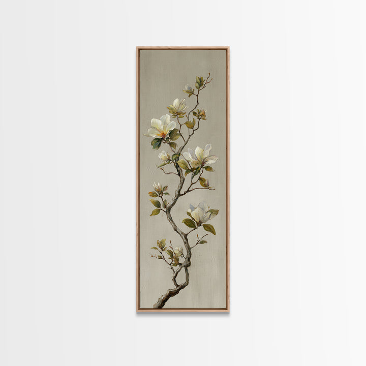 Delicate Magnolia Branch on Cream Background Canvas Print, Above Bed Art, Horizontal Wall Art, Bedroom Decor, Oil Painting, ABA-1x3-100