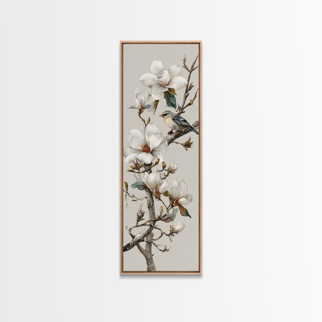 Delicate Magnolia Branch on Cream Background Framed Canvas Print, Above Bed Art, Modern Decor, Bedroom Decor, Oil Painting, ABA-1x3-4