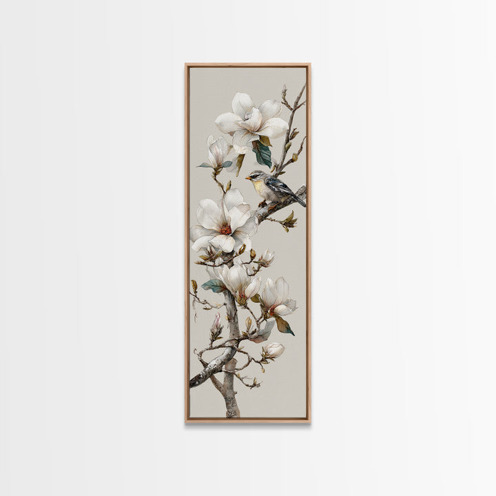 Delicate Magnolia Branch on Cream Background Framed Canvas Print, Above Bed Art, Modern Decor, Bedroom Decor, Oil Painting, ABA-1x3-4