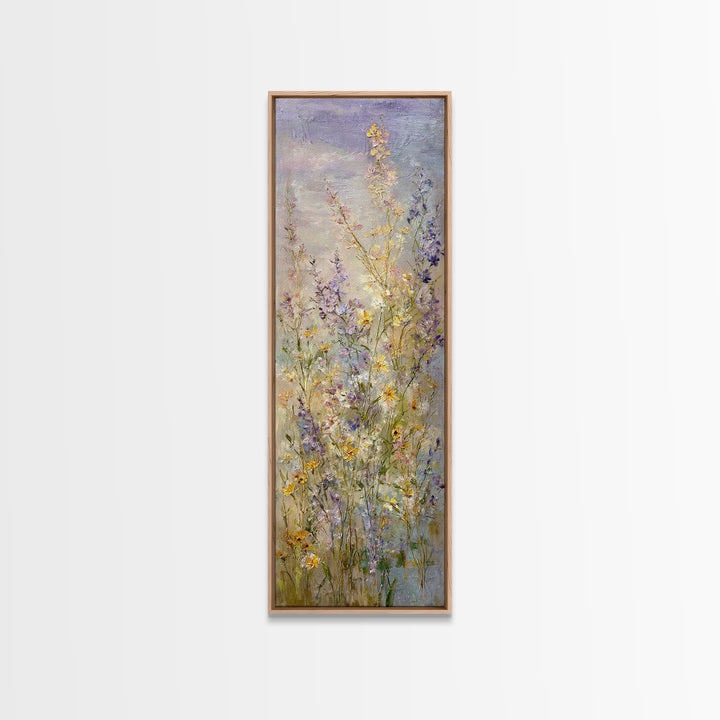 Wide Meadow of Muted Wildflowers at Dusk Framed Canvas Print, Above Bed Art, 3 Piece Wall Art, Bedroom Decor, Watercolor Art, ABA-1x3-46