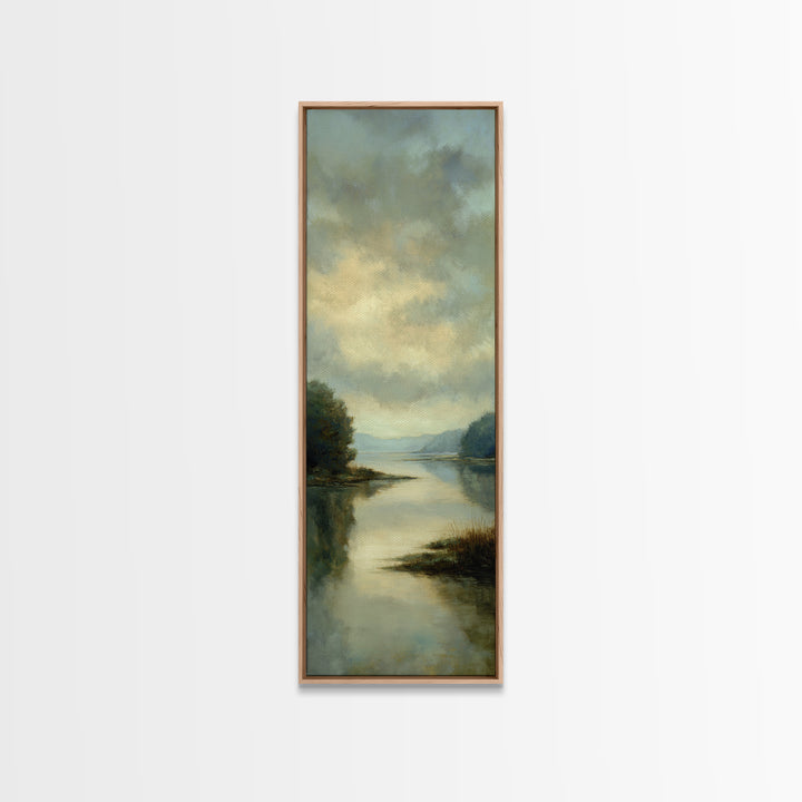Calming Lake Reflection Framed Canvas Print, Above Bed Art, Original Art, Bedroom Decor, Serenity, Sage Green Wall Art, ABA-1x3-47