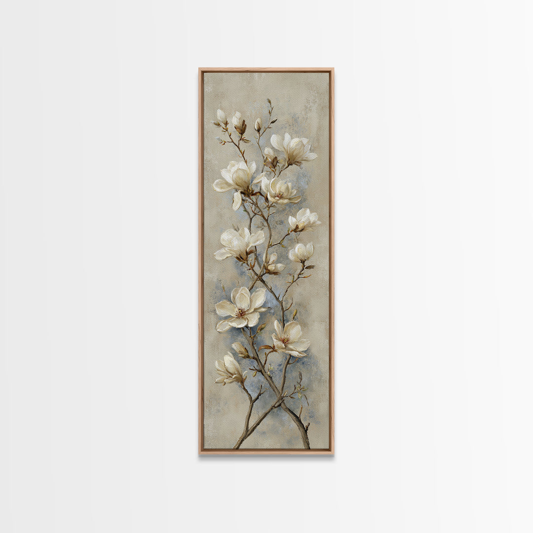 Delicate Magnolia Branch on Cream Background Framed Canvas Print, Above Bed Art, Bedroom Decor, Watercolor Art, Serenity, ABA-1x3-52