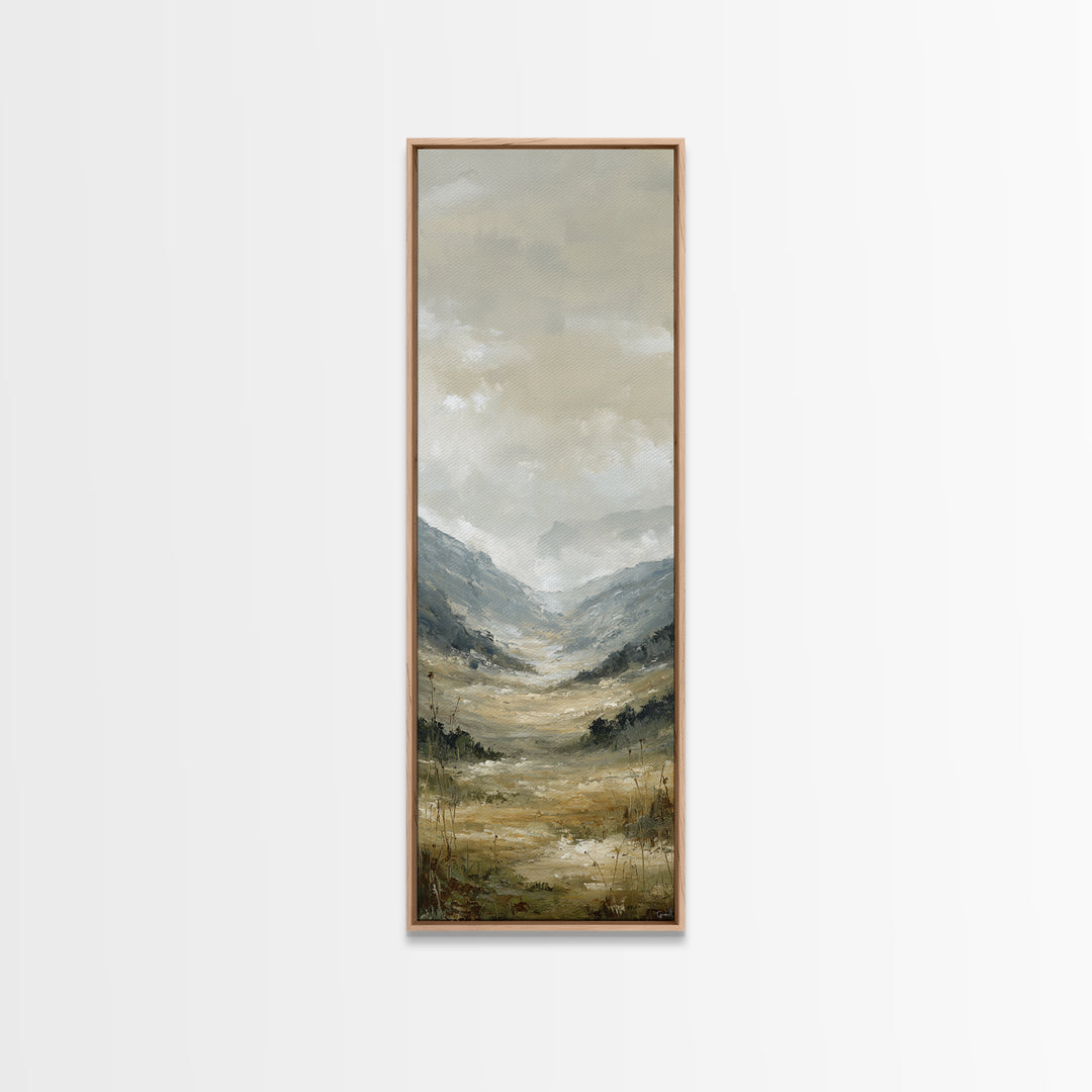 Panoramic Misty Mountain Landscape Framed Canvas Print, Above Bed Art, Textured Painting, Bedroom Decor, Fine Art, Serenity, ABA-1x3-61