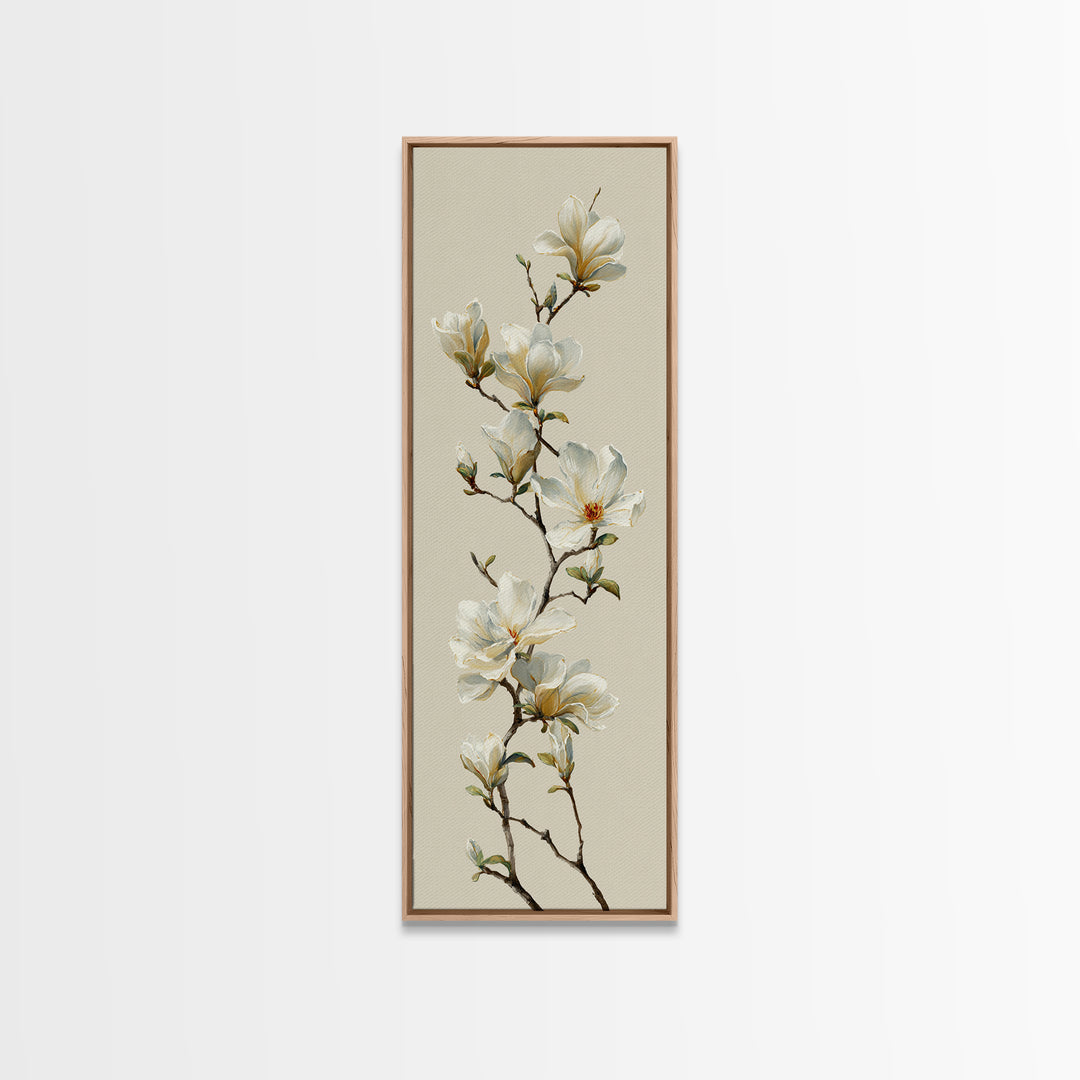 Delicate Magnolia Branch on Cream Background Framed Canvas Print, Above Bed Art, Digital Print, Bedroom Decor, Serenity, ABA-1x3-76