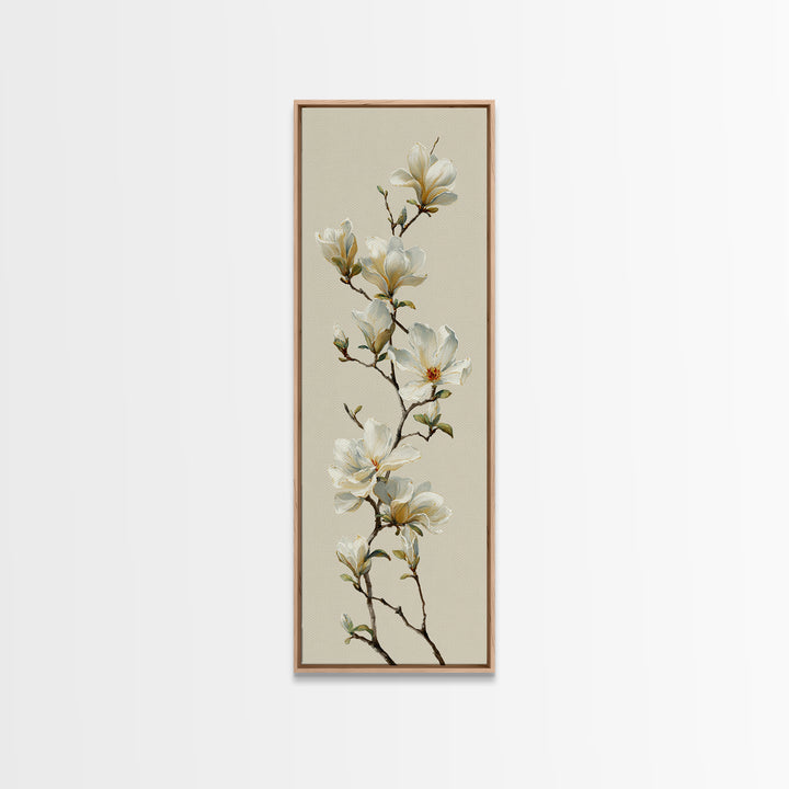 Delicate Magnolia Branch on Cream Background Framed Canvas Print, Above Bed Art, Digital Print, Bedroom Decor, Serenity, ABA-1x3-76