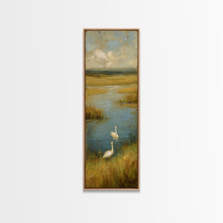 Paired Swans in a Dreamy Painterly Lake Canvas Print, Above Bed Art, Home Decor, Bedroom Decor, Fine Art, Serenity, ABA-1x3-82