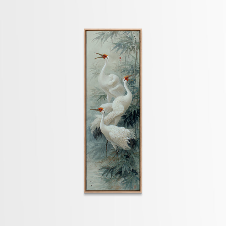 Ethereal Cranes Flying Through Pale Morning Mist Canvas Print, Above Bed Art, Minimalist Decor, Bedroom Decor, Serenity, ABA-1x3-93