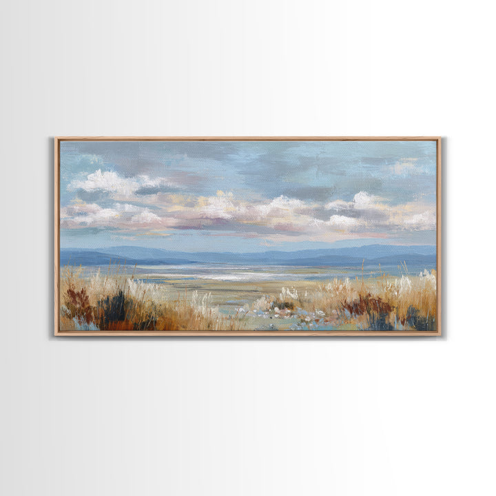 Tranquil Cloudscape with Blush Undertones Framed Canvas Print, Above Bed Art, Wall Decor, Bedroom Decor, Fine Art, Serenity, ABA-2x1-1