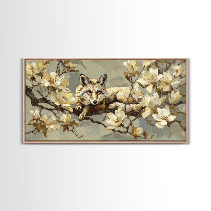 Delicate Magnolia Branch on Cream Background Framed Canvas Print, Above Bed Art, Bedroom Decor, Watercolor Art, Serenity, ABA-2x1-12