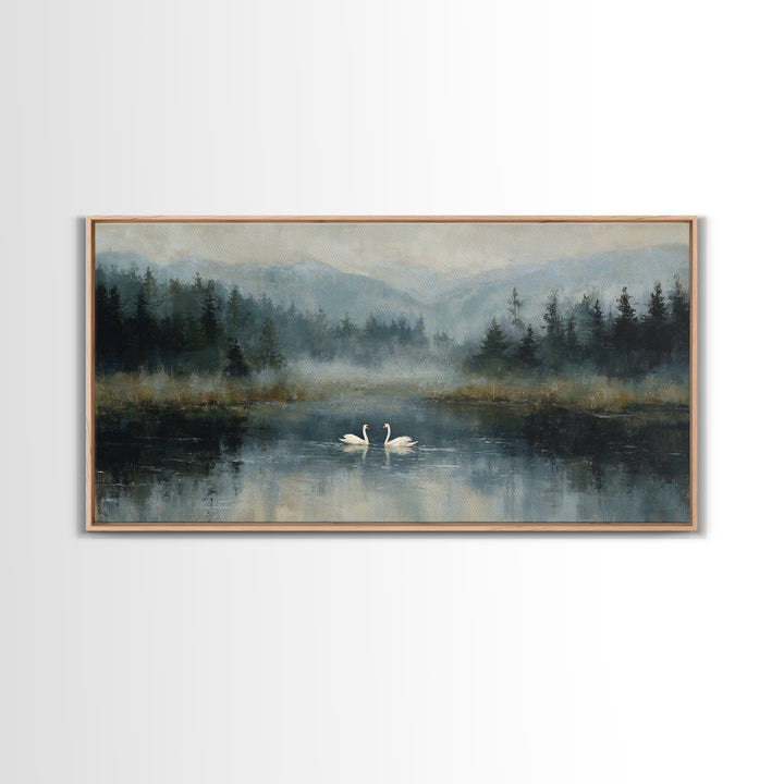 Paired Swans in a Dreamy Painterly Lake Framed Canvas Print, Above Bed Art, Fine Art Print, Bedroom Decor, Fine Art, Serenity, ABA-2x1-18