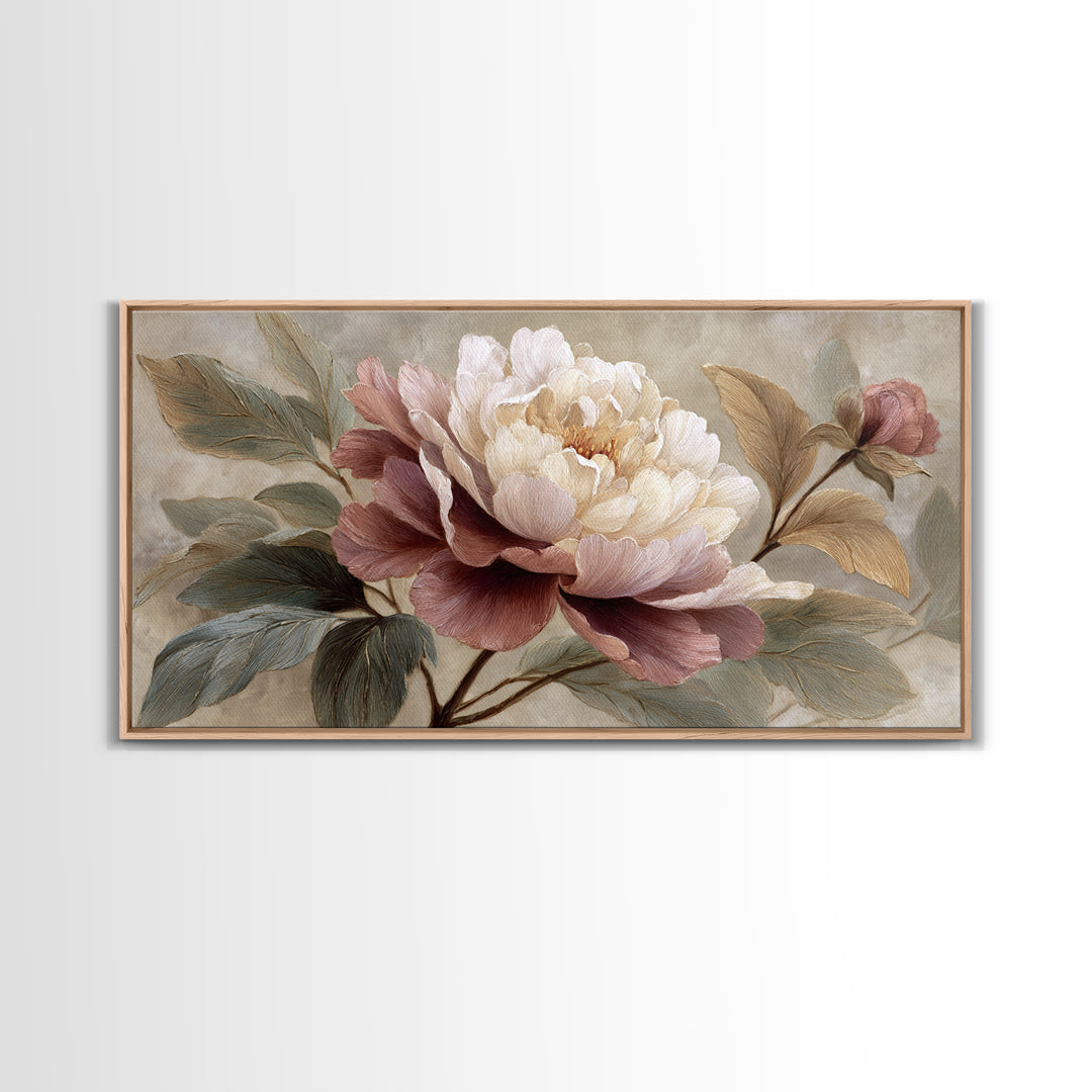 Romantic Oversized Peony Bloom on Warm Linen Canvas Print, Above Bed Art, Statement Artwork, Bedroom Decor, Abstract Art, ABA-2x1-22