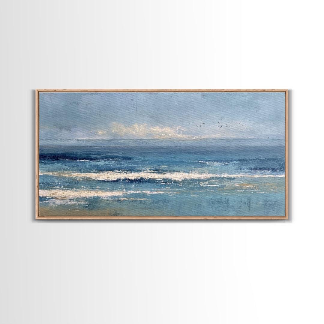 Quiet Moon over a Calm Ocean Horizon Framed Canvas Print, Above Bed Art, Mid Century Modern, Bedroom Decor, Fine Art, Serenity, ABA-2x1-23