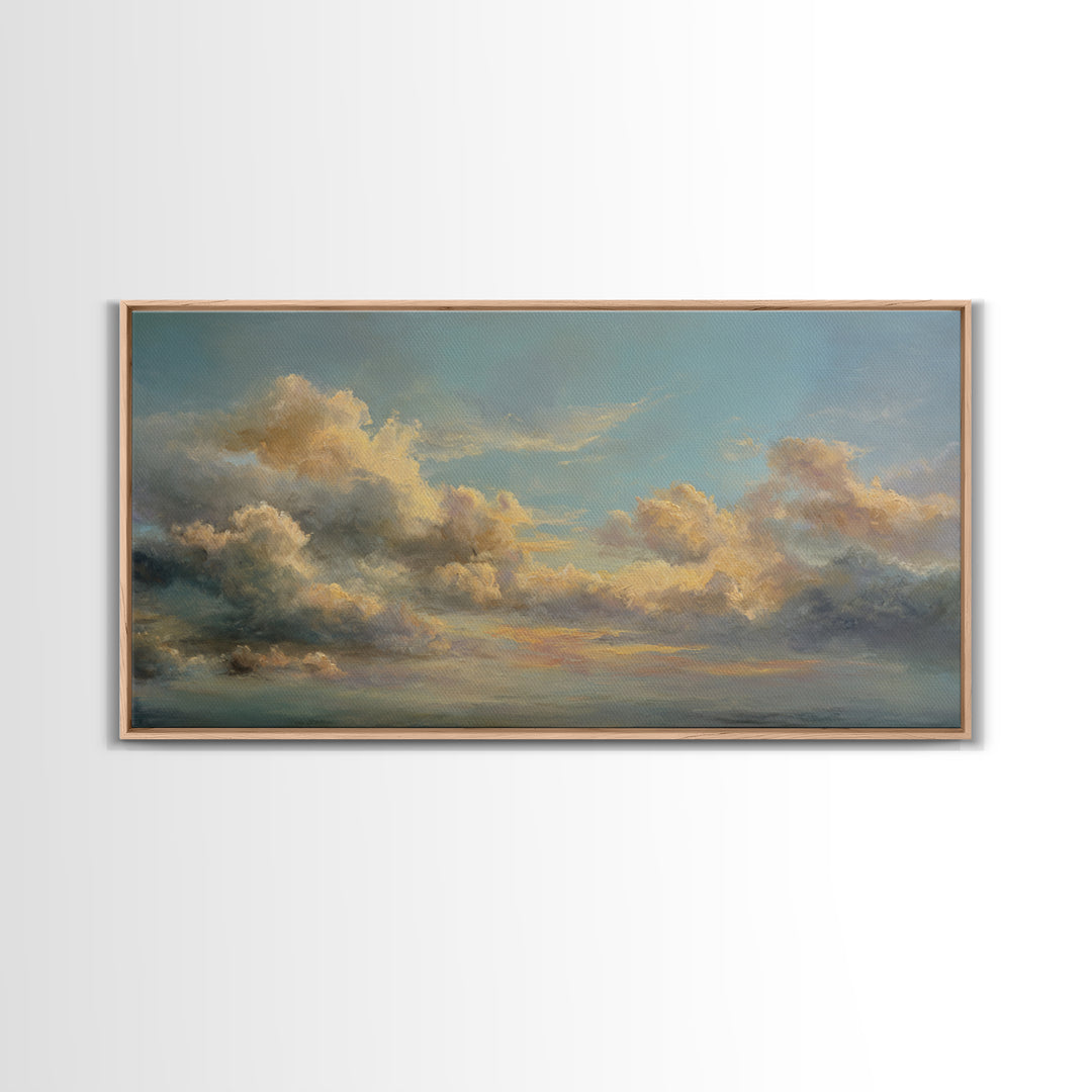 Tranquil Cloudscape with Blush Undertones Framed Canvas Print, Above Bed Art, Wall Decor, Bedroom Decor, Fine Art, Serenity, ABA-2x1-25