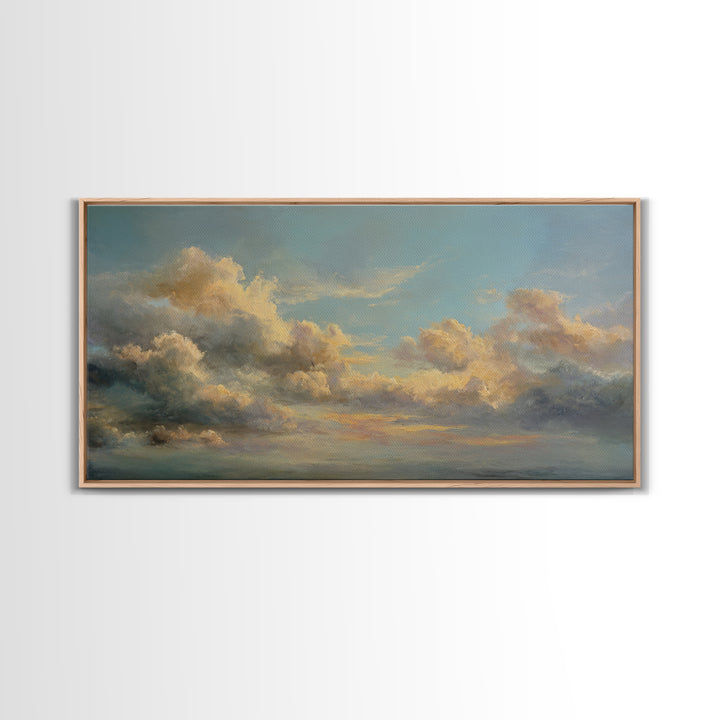 Tranquil Cloudscape with Blush Undertones Framed Canvas Print, Above Bed Art, Wall Decor, Bedroom Decor, Fine Art, Serenity, ABA-2x1-25