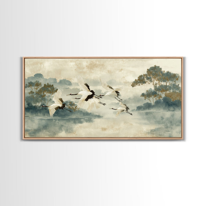 Ethereal Cranes Flying Through Pale Morning Mist Canvas Print, Above Bed Art, Digital Prints, Bedroom Decor, Serenity, ABA-2x1-29