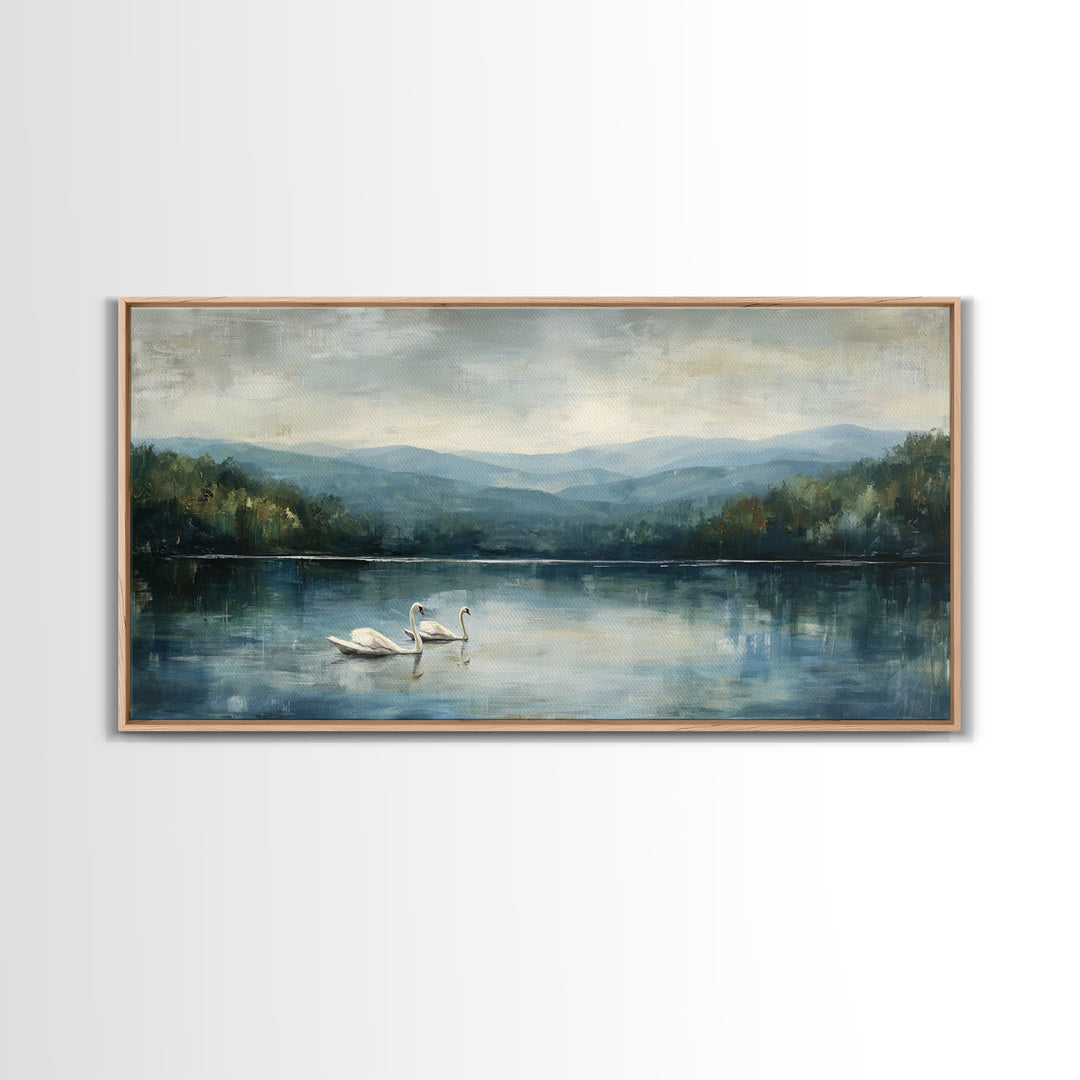 Paired Swans in a Dreamy Painterly Lake Framed Canvas Print, Above Bed Art, Fine Art Print, Bedroom Decor, Fine Art, Serenity, ABA-2x1-42