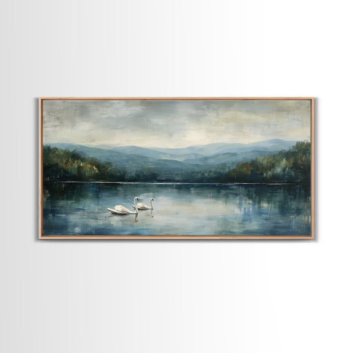 Paired Swans in a Dreamy Painterly Lake Framed Canvas Print, Above Bed Art, Fine Art Print, Bedroom Decor, Fine Art, Serenity, ABA-2x1-42