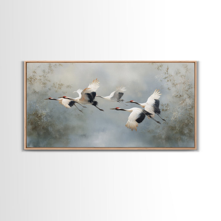 Ethereal Cranes Flying Through Pale Morning Mist Canvas Print, Above Bed Art, Digital Prints, Bedroom Decor, Serenity, ABA-2x1-5