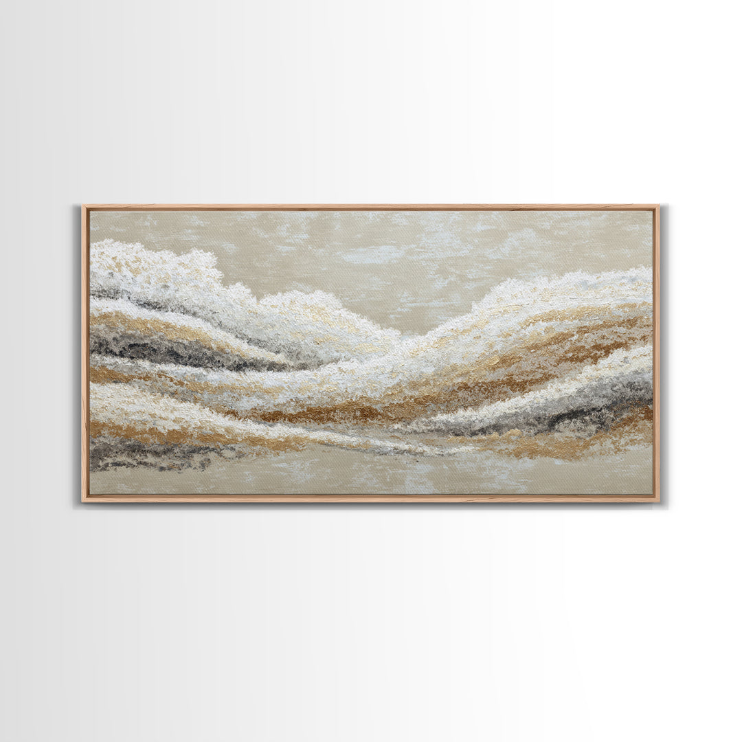 Warm Taupe Abstract Waves Framed Canvas Print, Above Bed Art, Japanese Wall Art, Bedroom Decor, Abstract Art, Serenity, ABA-2x1-59