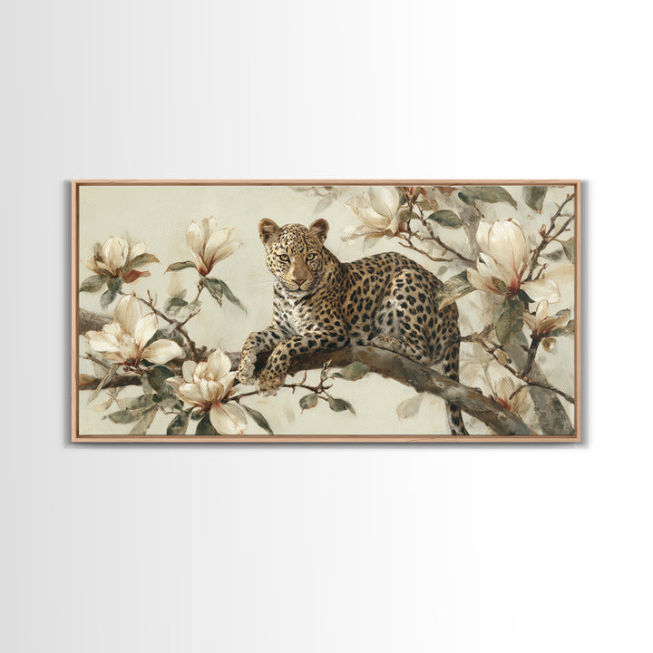 Delicate Magnolia Branch on Cream Background Framed Canvas Print, Above Bed Art, Mid Century Modern, Bedroom Decor, Serenity, ABA-2x1-60