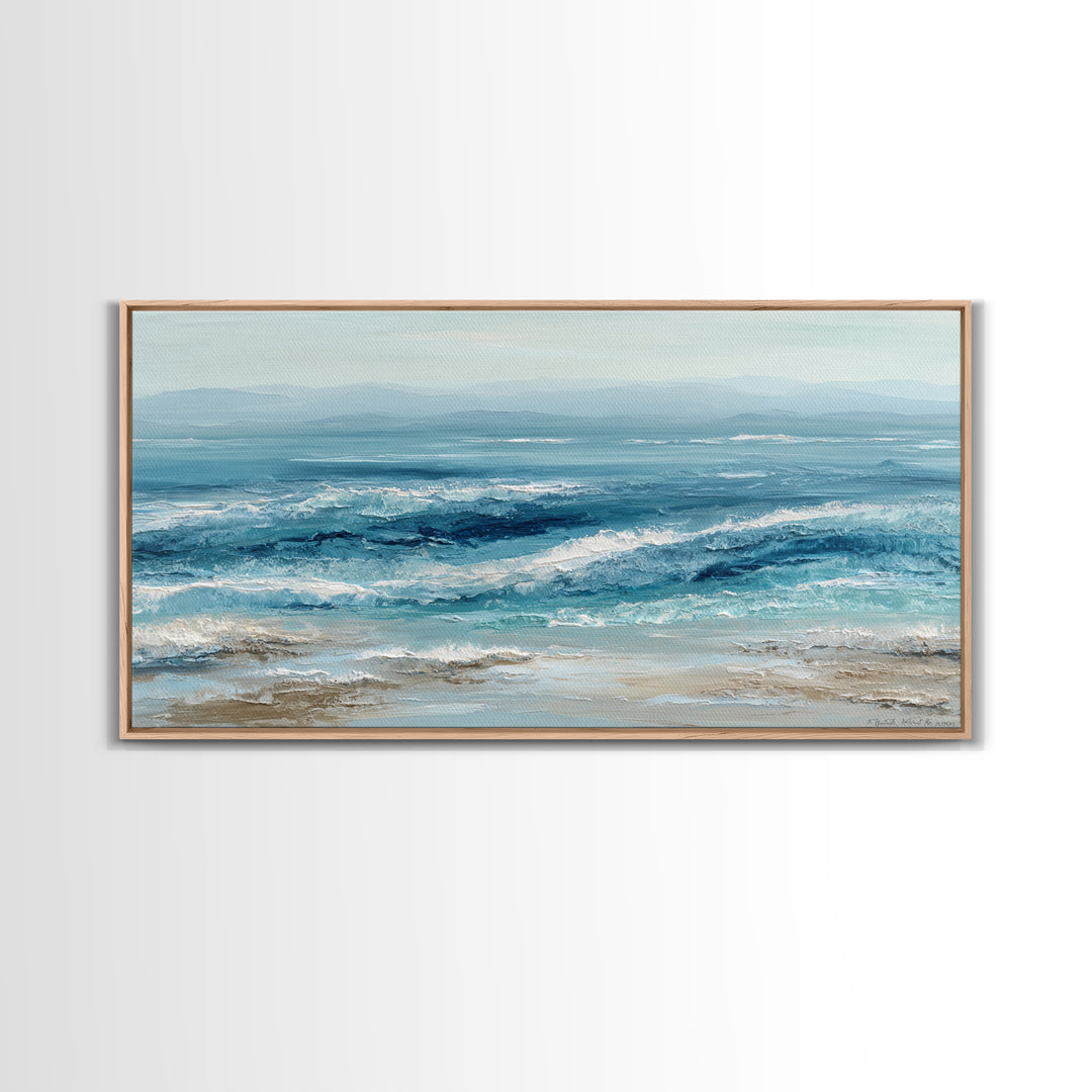 Serene Ocean Tide Seen from Above Framed Canvas Print, Above Bed Art, Wall Art Prints, Bedroom Decor, Fine Art, Serenity, ABA-2x1-65