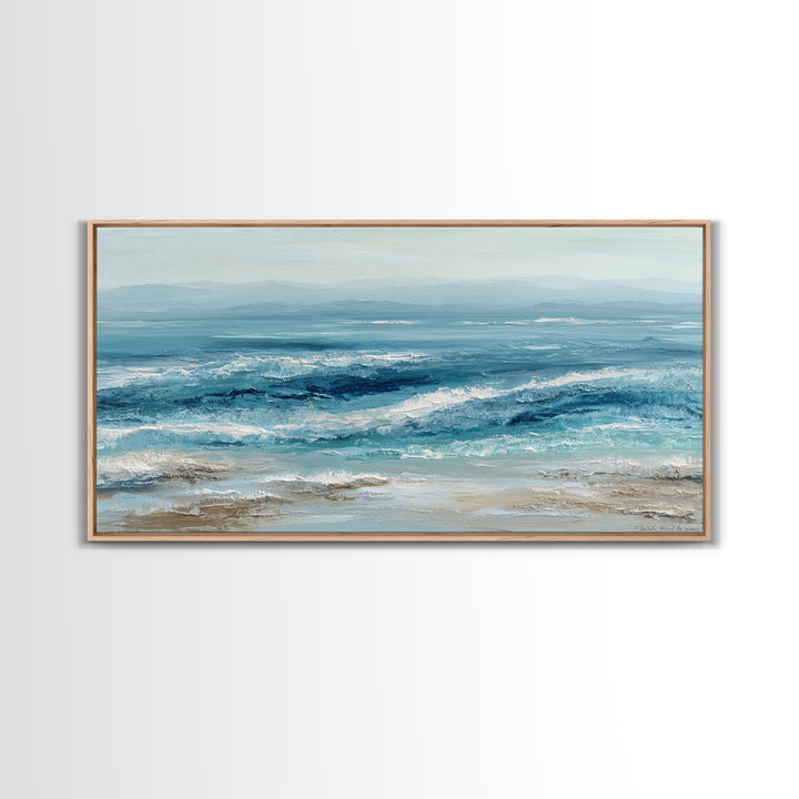 Serene Ocean Tide Seen from Above Framed Canvas Print, Above Bed Art, Wall Art Prints, Bedroom Decor, Fine Art, Serenity, ABA-2x1-65